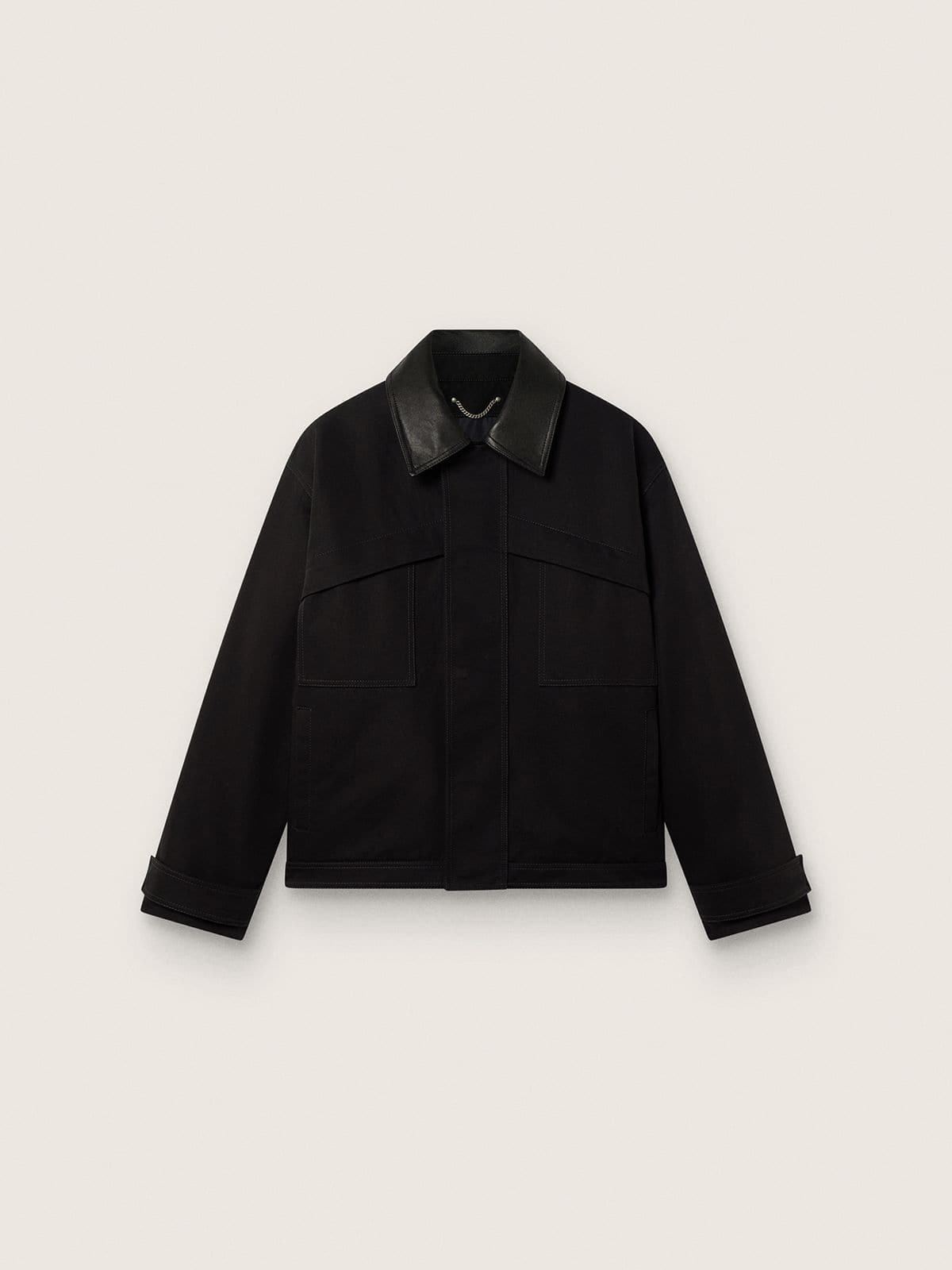 Golden Goose - Wattierte Herrenkurzjacke aus schwarzer Baumwolle mit Lederkragen in 