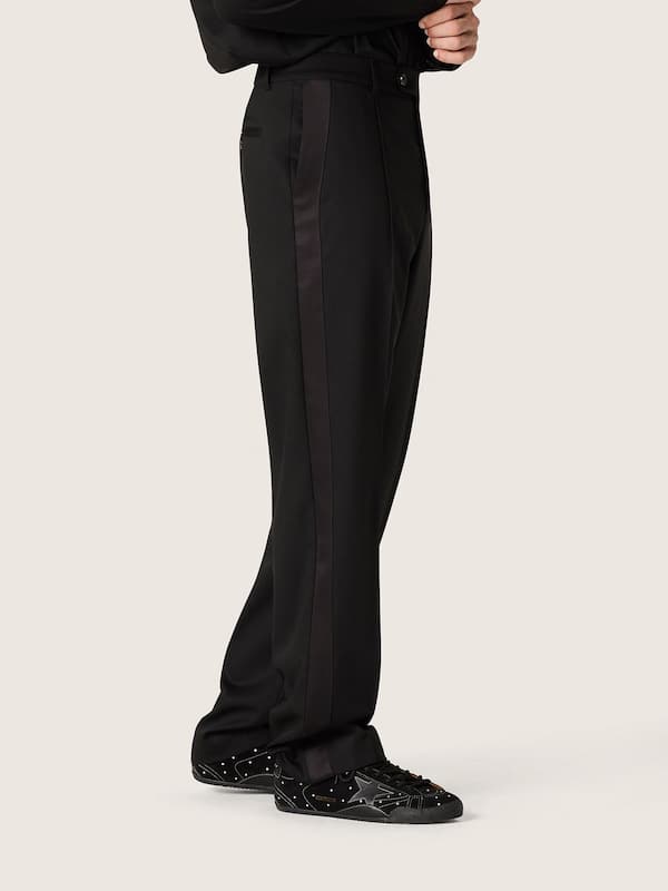 Golden Goose - Men's pants in black cool wool with satin side stripe in 