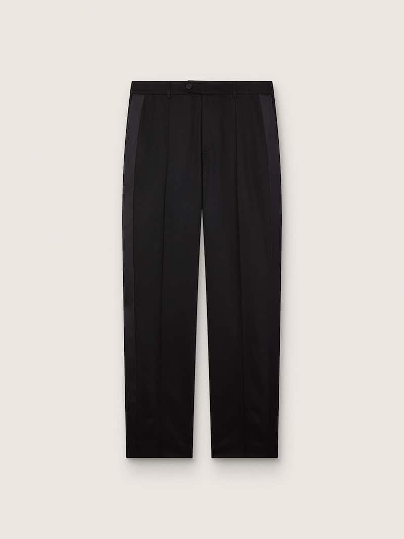 Pantalon pour homme en laine froide noire avec bande latérale en satin