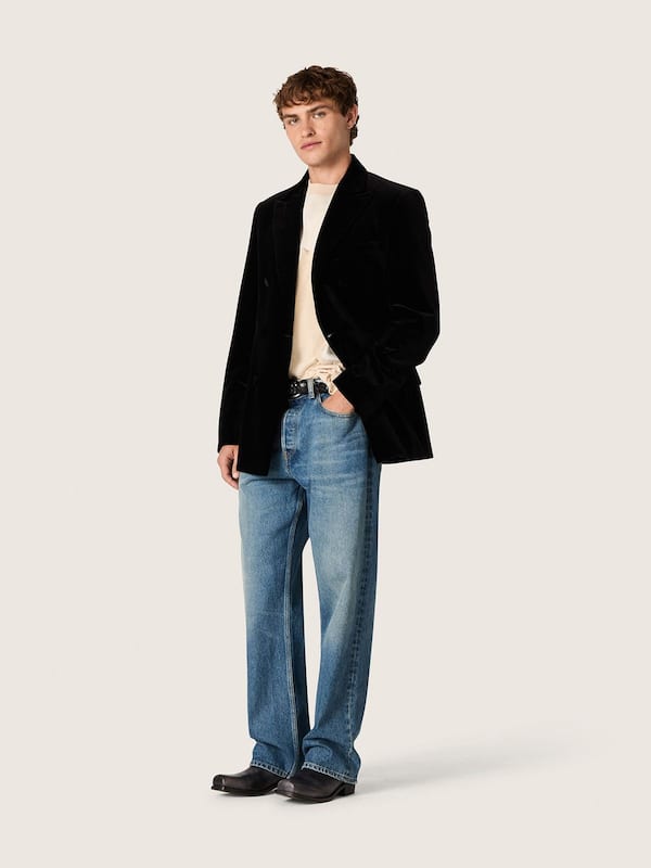 Men’s double-breasted blazer in black velvet with black satin lapels