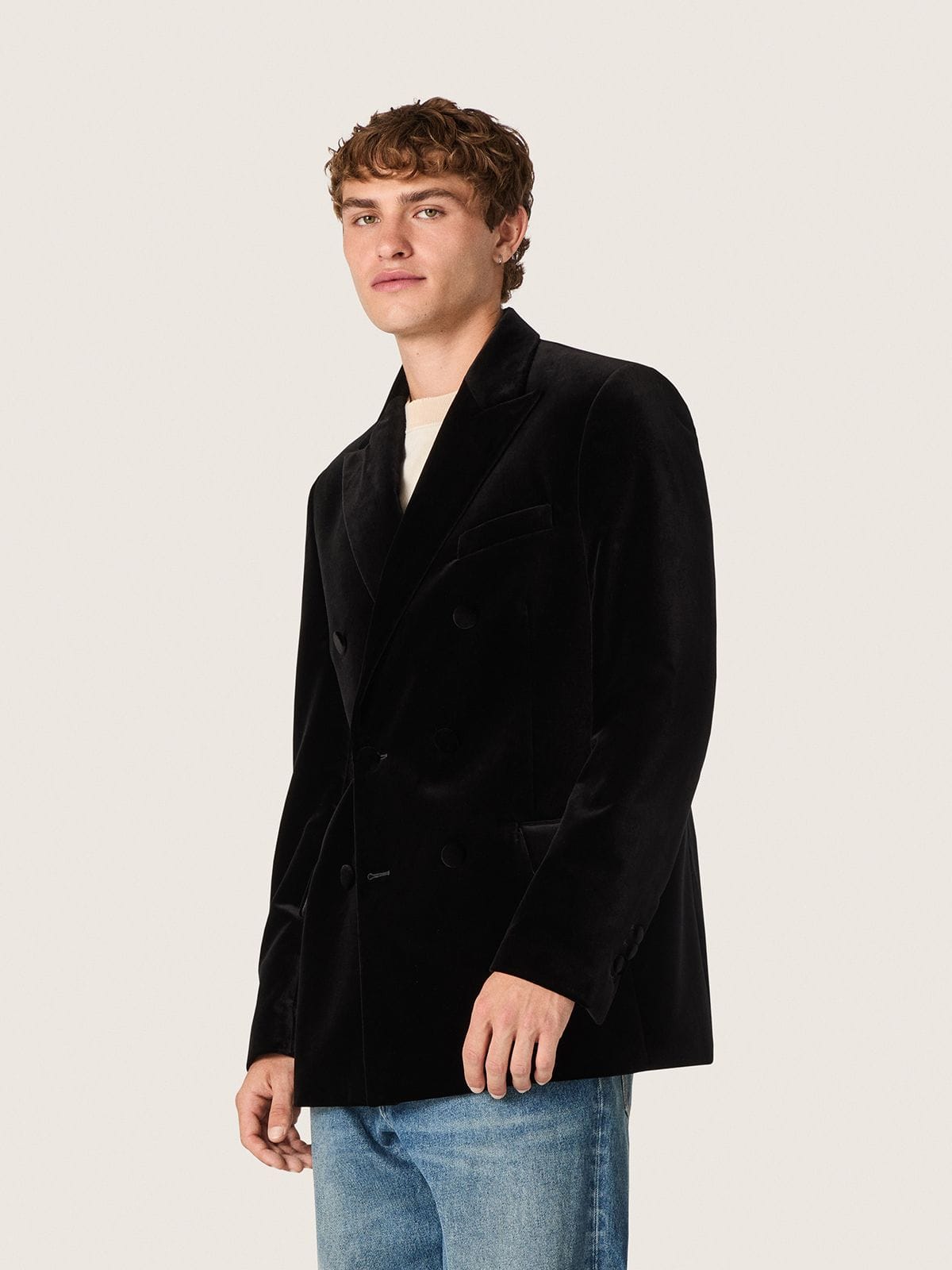 Golden Goose - Blazer croisé pour homme en velours noir avec revers en satin noir in 