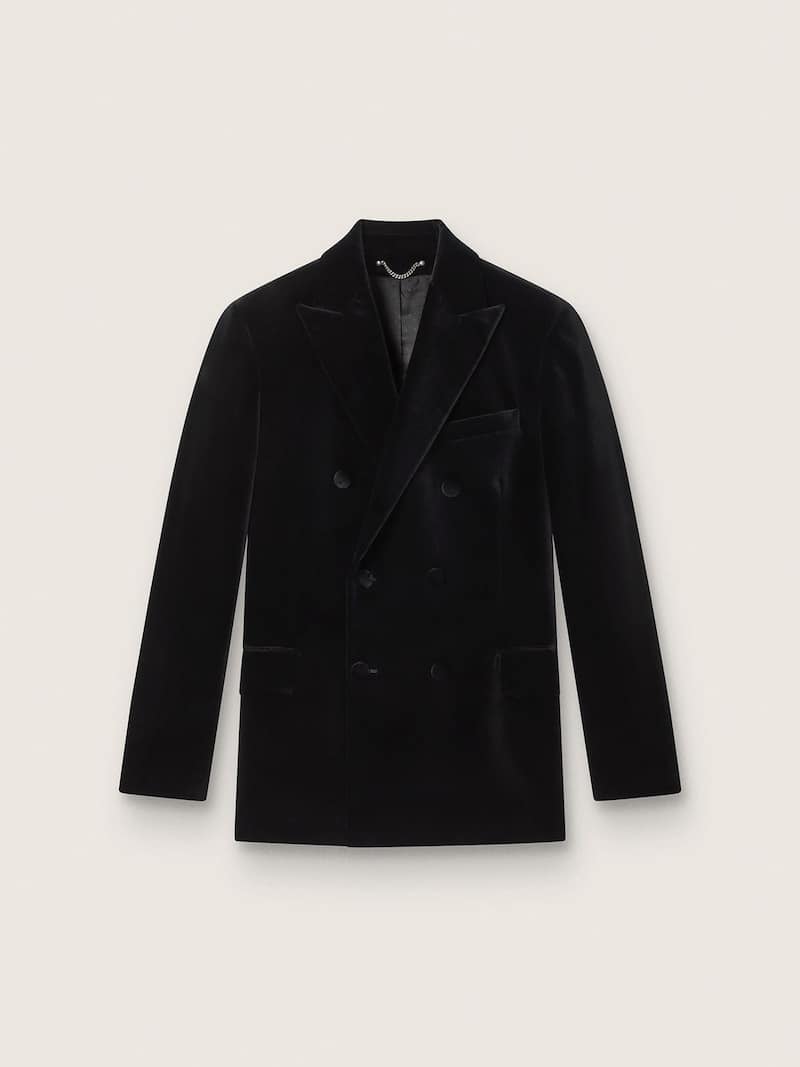 Blazer croisé pour homme en velours noir avec revers en satin noir