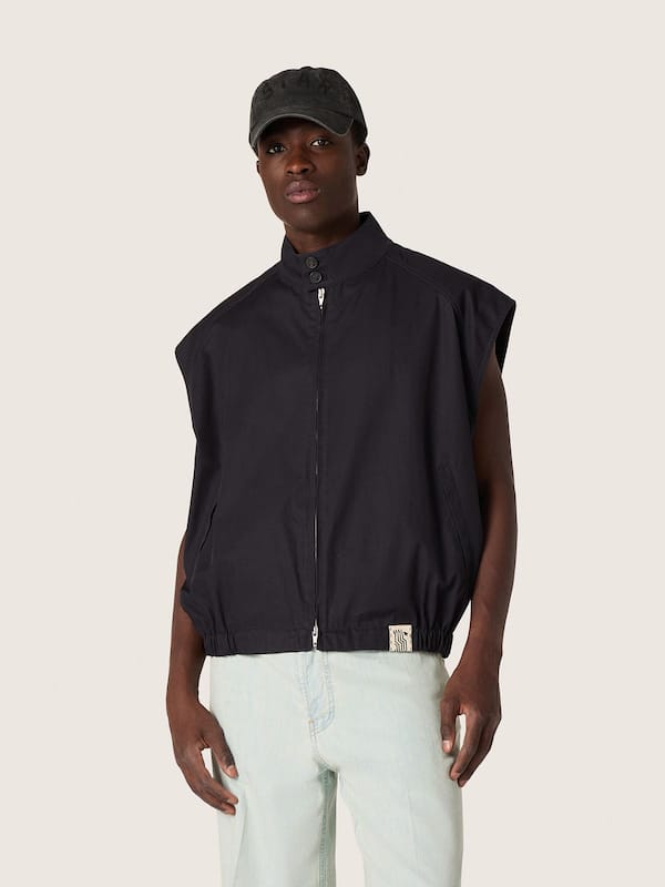 Golden Goose - Men's vest in dark blue cotton twill with zip and flag print label in 