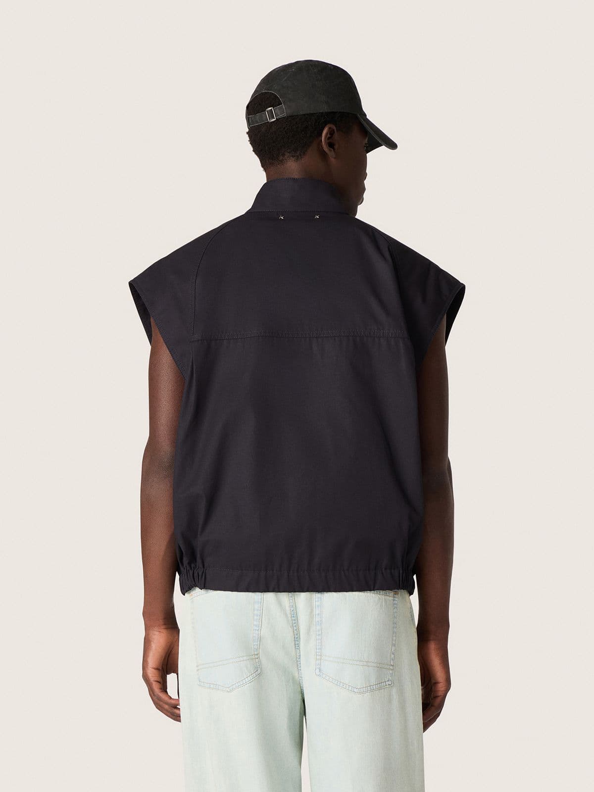 Golden Goose - Gilet da Uomo in twill di cotone blu scuro con zip e etichetta con stampa Flag in 