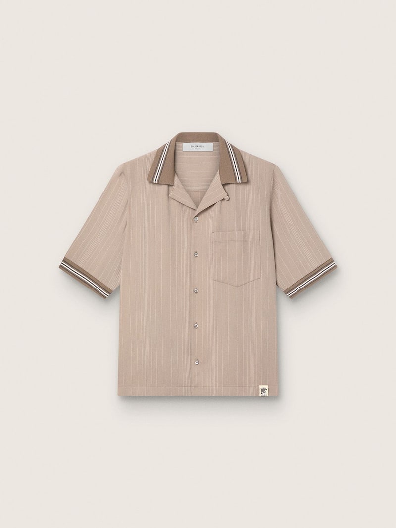 Men's short-sleeved shirt in gray cool wool with thin stripes