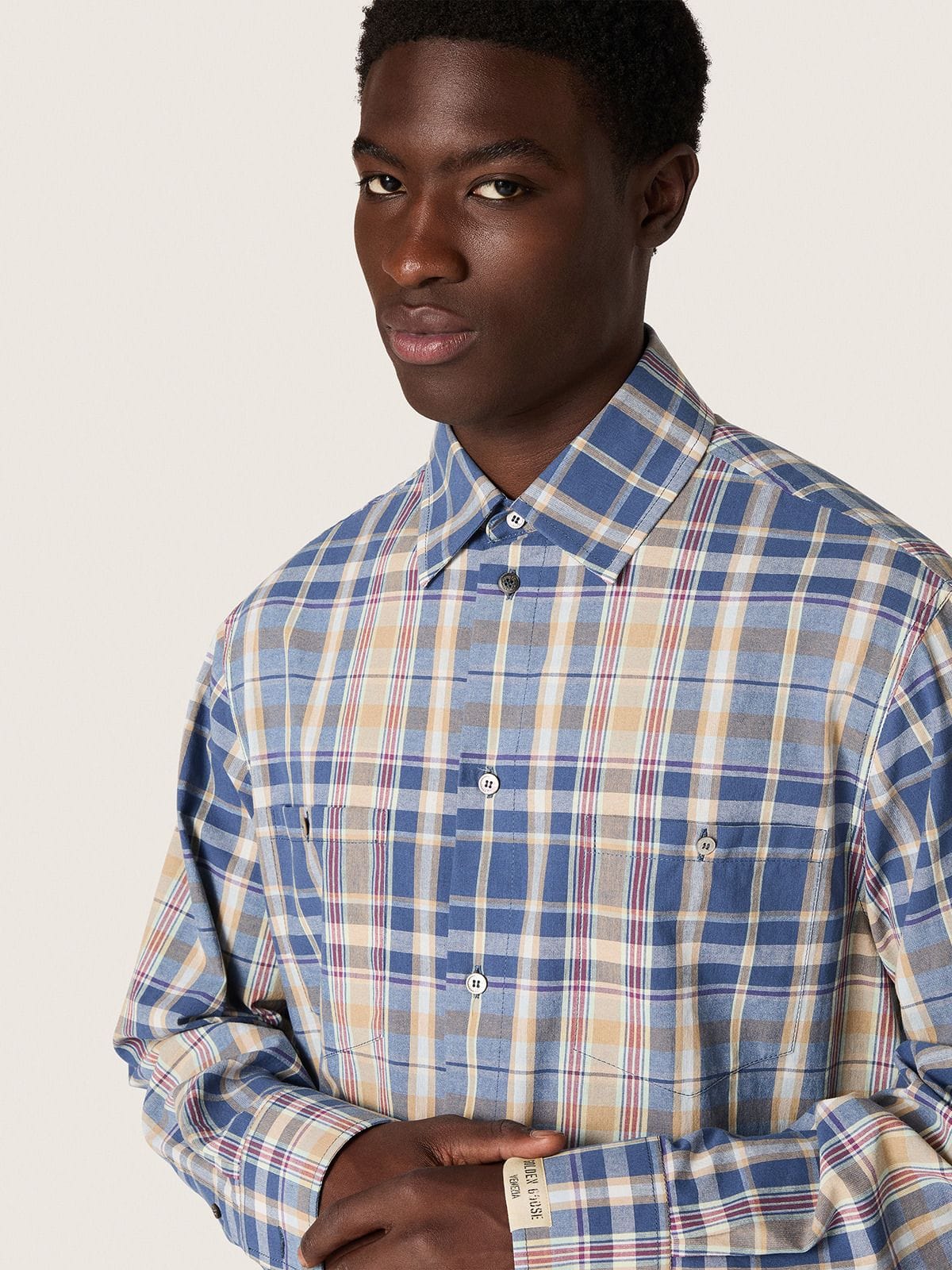 Golden Goose - Camicia oversize da Uomo in cotone a quadri color indaco e beige in 