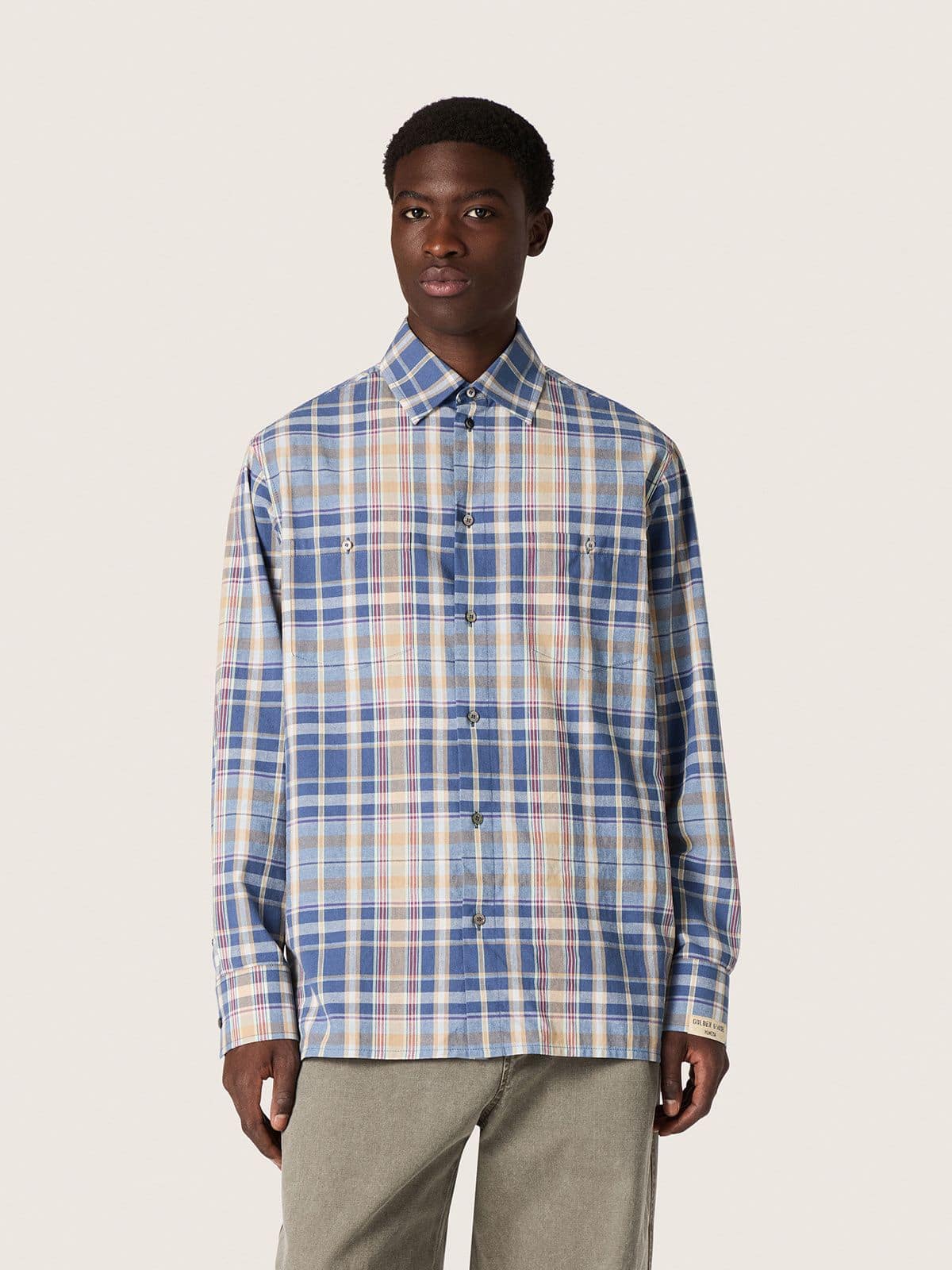 Golden Goose - Camicia oversize da Uomo in cotone a quadri color indaco e beige in 