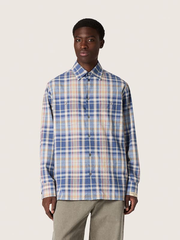 Golden Goose - Men's oversized shirt in indigo and beige checked cotton in 