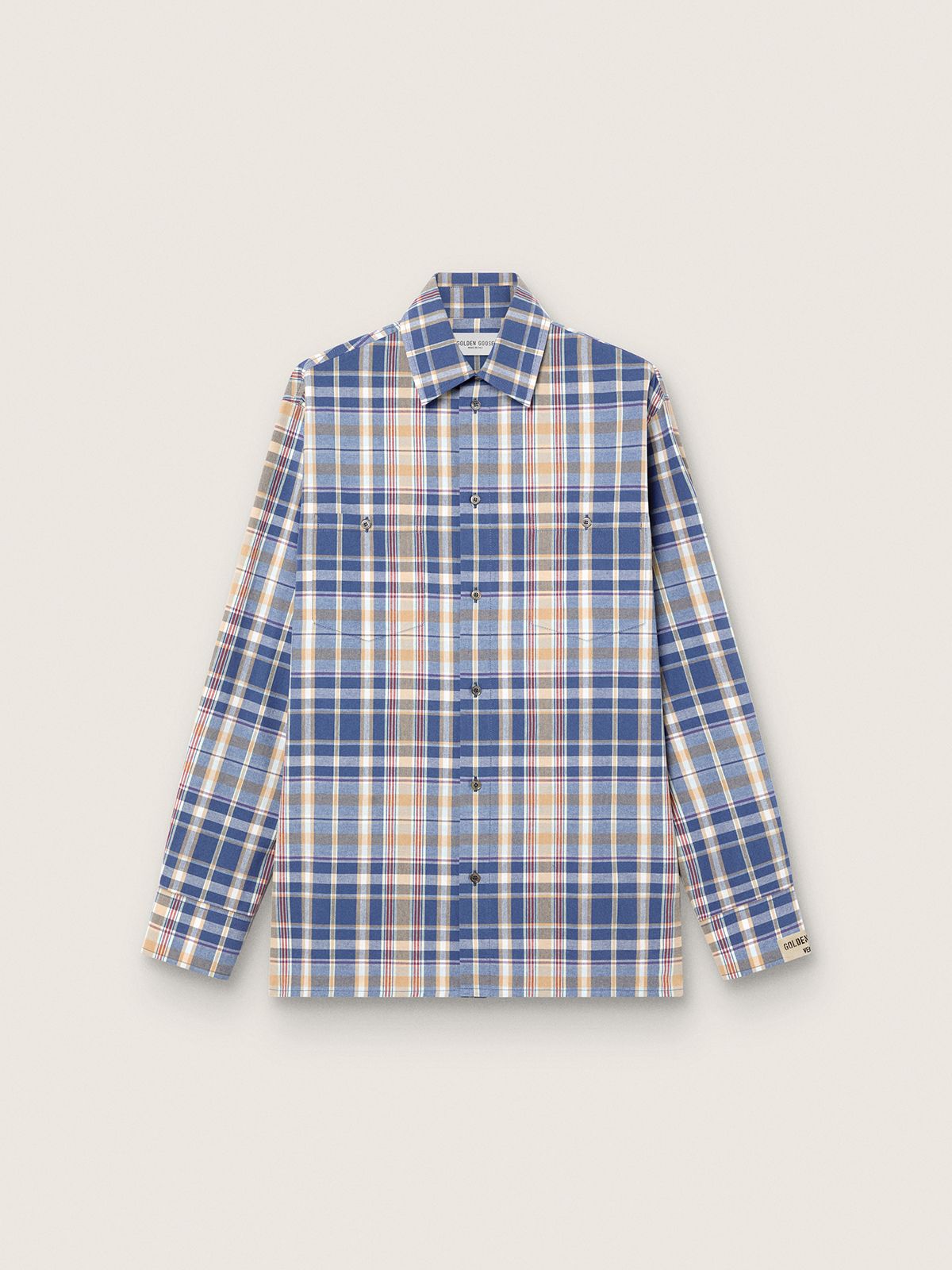 Chemise oversize pour homme en coton à carreaux indigo et beige — Golden Goose
