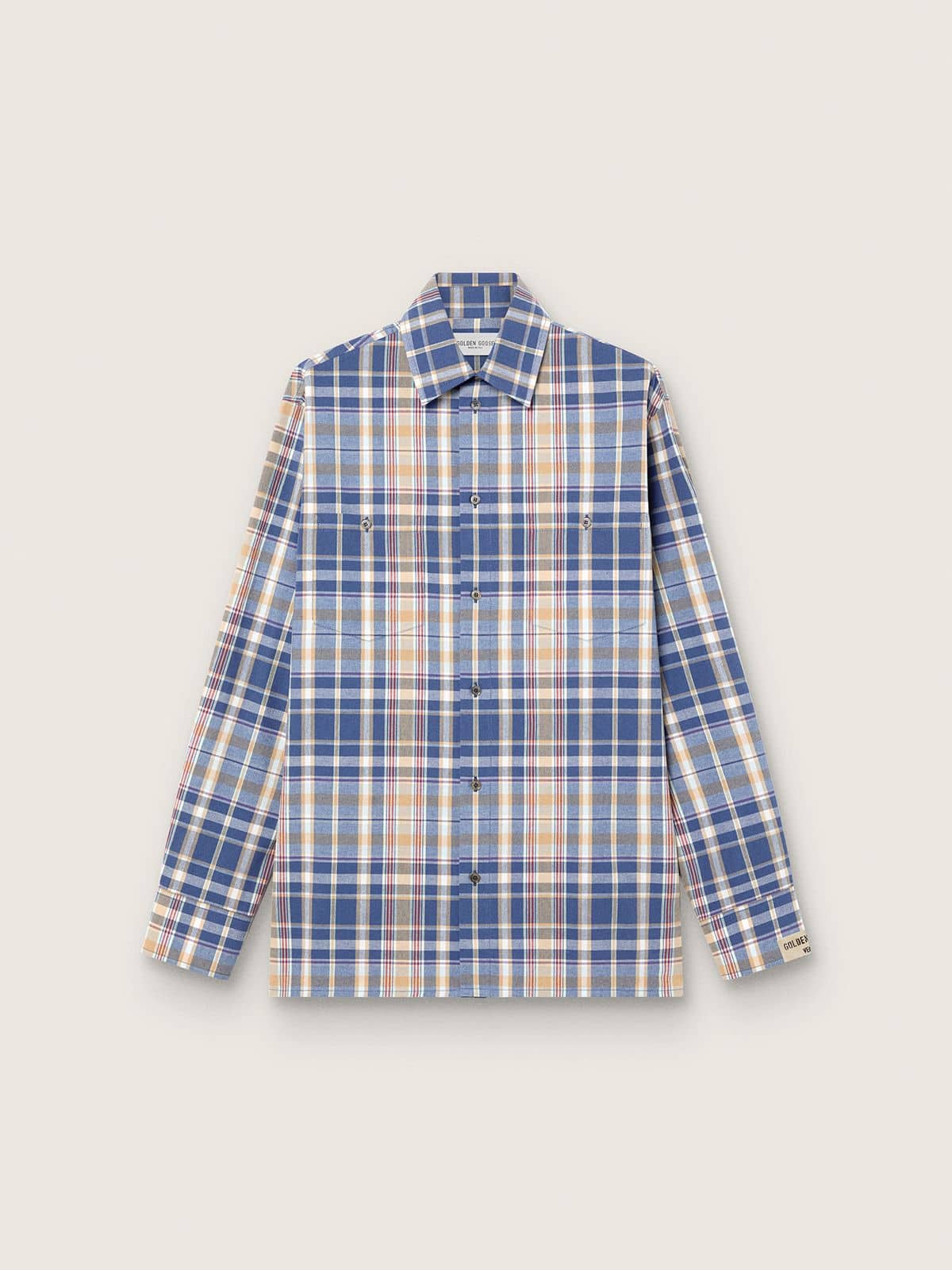 Golden Goose - Camicia oversize da Uomo in cotone a quadri color indaco e beige in 