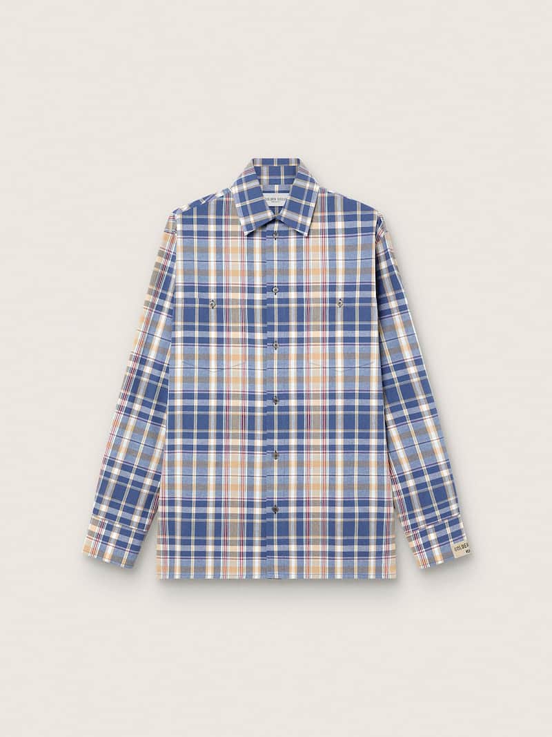 Camisa oversize Masculina de algod&atilde;o xadrez &iacute;ndigo e bege