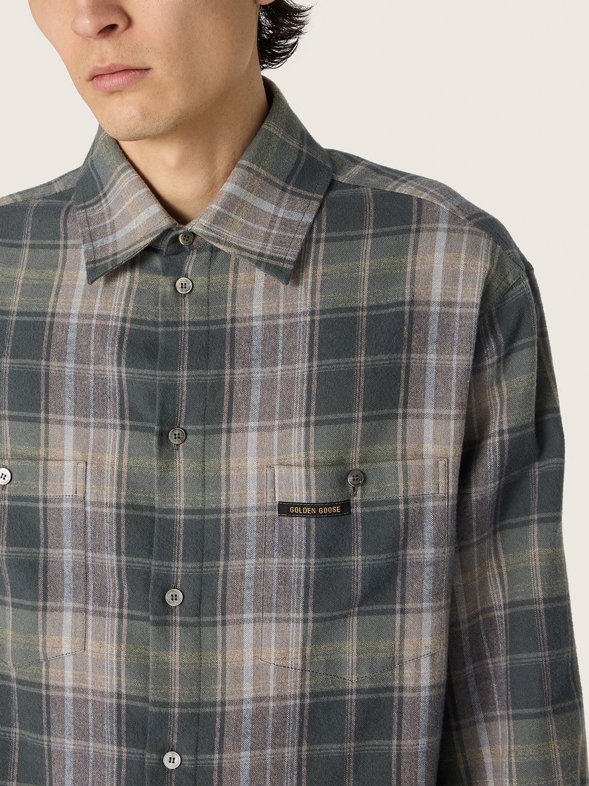 Golden Goose - Men's shirt in green and cognac check cotton in 
