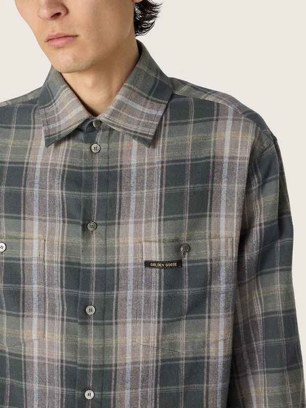 Golden Goose - Camicia da uomo in cotone check verde e cognac in 