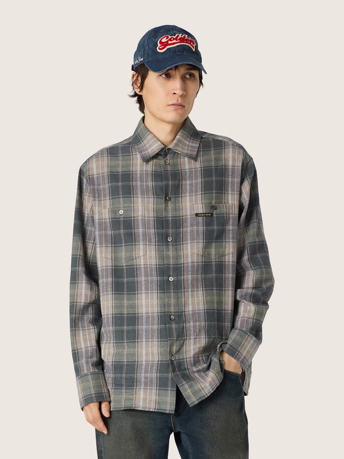 Golden Goose - Men's shirt in green and cognac check cotton in 