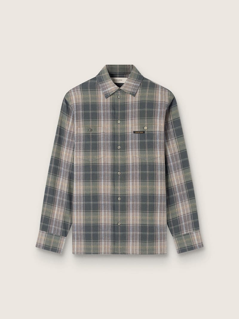 Men's shirt in green and cognac check cotton