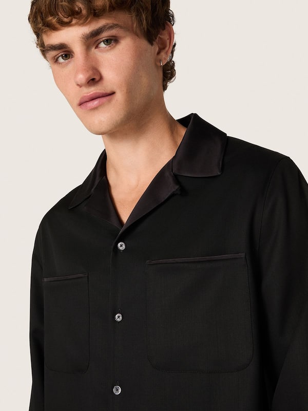 Golden Goose - Men's shirt in black wool twill with black satin details in 