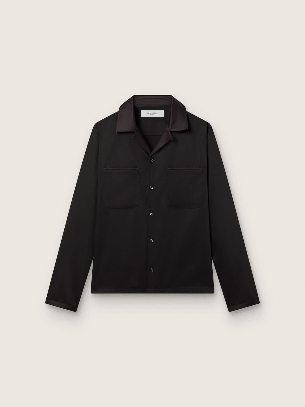 Chemise pour homme en sergé de laine noir avec détails en satin noir — Golden Goose