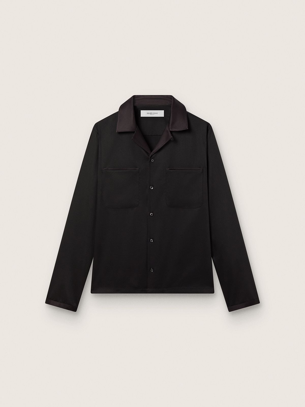 Chemise pour homme en sergé de laine noir avec détails en satin noir — Golden Goose