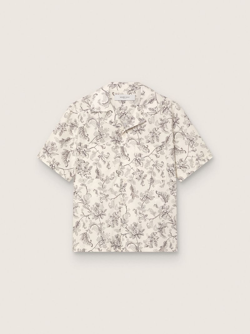 Men's short-sleeved cotton shirt with black and white floral print