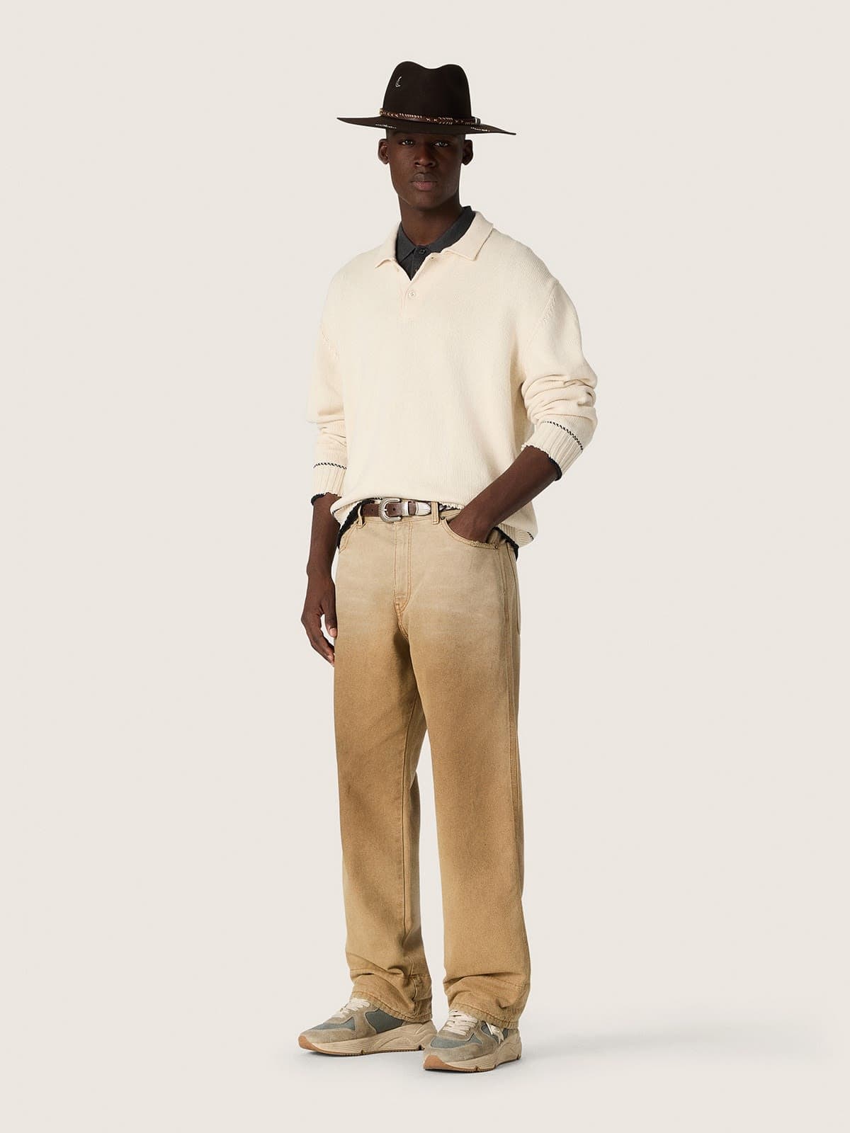 Pantaloni da uomo in cotone beige degrad&eacute; con dettagli check