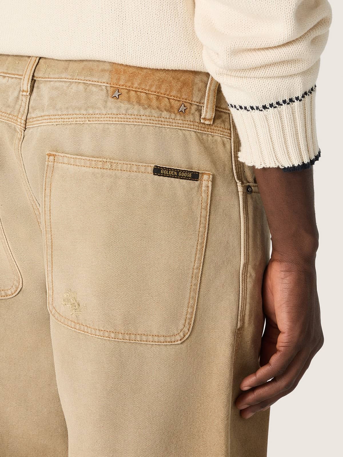 Golden Goose - Cal&ccedil;a masculina de algod&atilde;o bege degrad&ecirc; com detalhes check in 