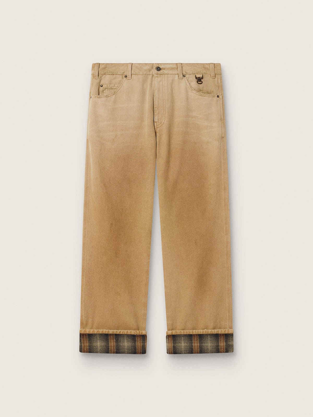 Pantalon homme en coton beige dégradé avec détails à carreaux — Golden Goose