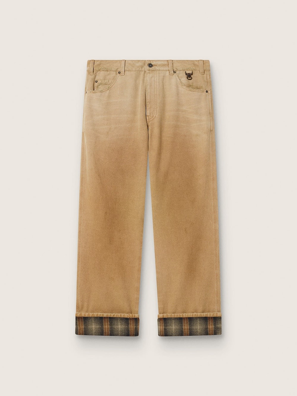 Pantalon homme en coton beige dégradé avec détails à carreaux — Golden Goose