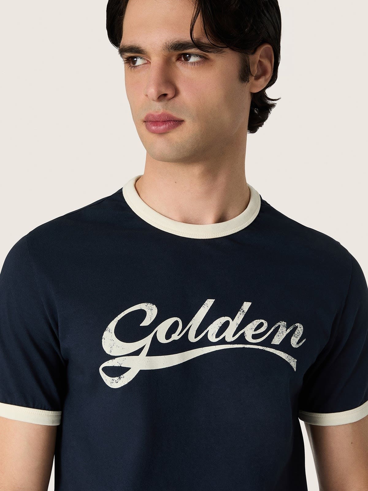 Golden Goose - T-shirt da uomo in cotone blu con stampa Golden in 