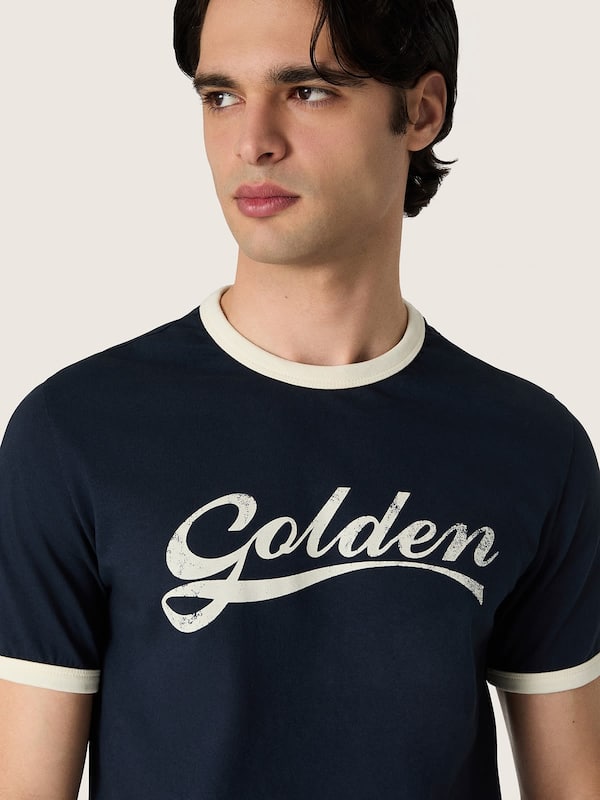 Golden Goose - Men's T-shirt in blue cotton with Golden print in 