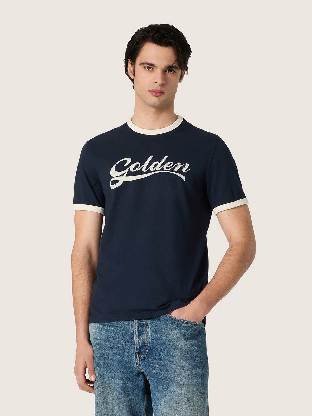 Golden Goose - T-shirt da uomo in cotone blu con stampa Golden in 