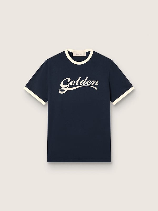 Golden Goose - Men's T-shirt in blue cotton with Golden print in 