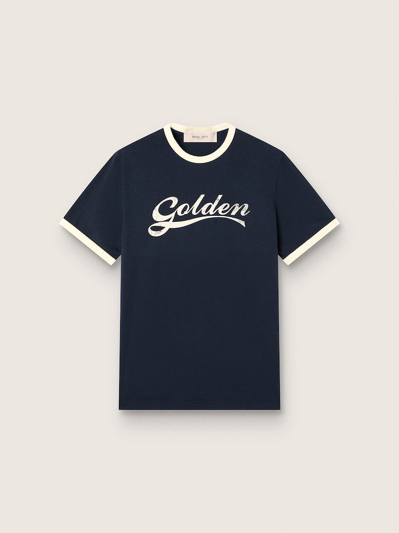 Herren-T-Shirt aus blauer Baumwolle mit &bdquo;Golden&ldquo;-Print