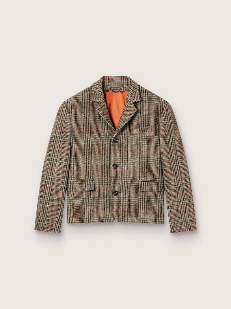 Giacca da uomo in lana Principe di Galles verde cipresso con motivo check rosso