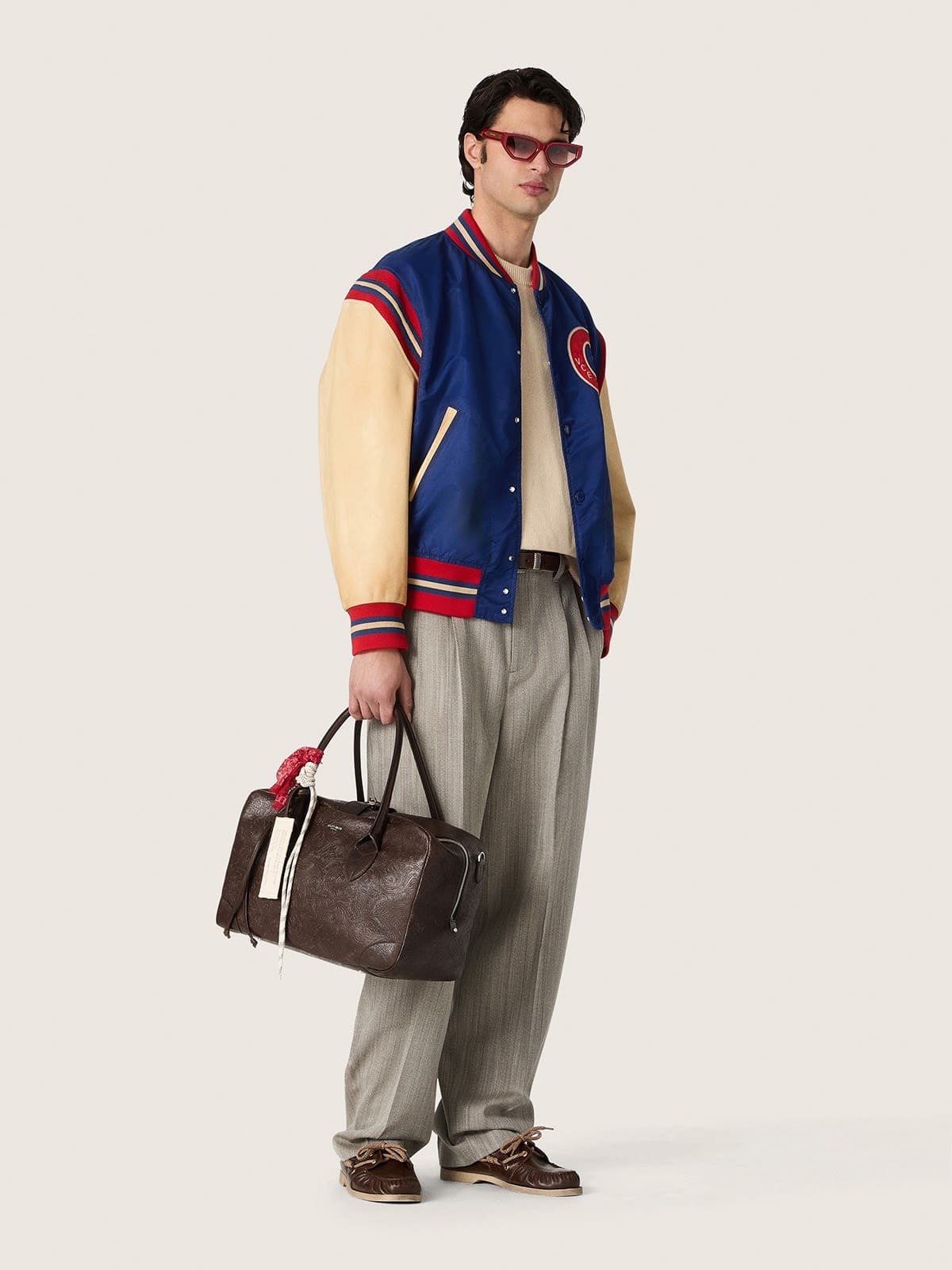 Golden Goose - Men's blue varsity bomber jacket with beige leather sleeves in 