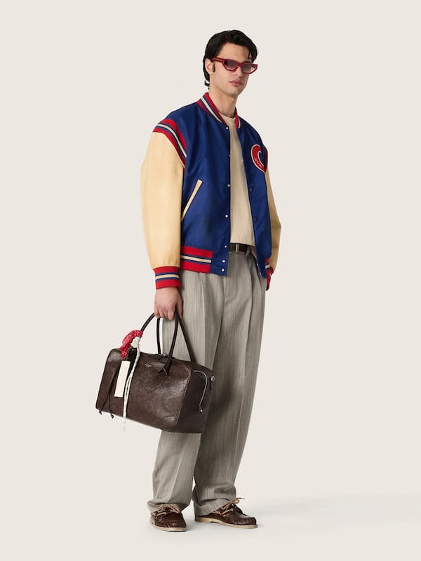 Golden Goose - Men's blue varsity bomber jacket with beige leather sleeves in 