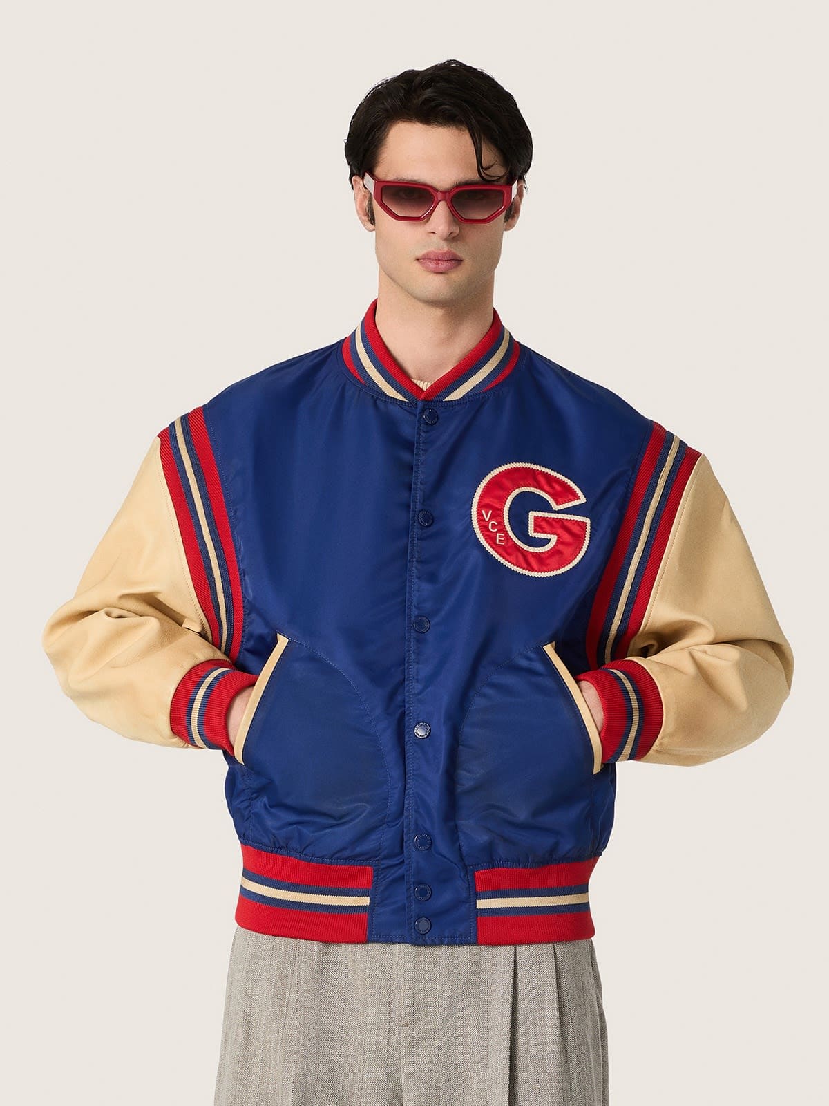 Golden Goose - Men's blue varsity bomber jacket with beige leather sleeves in 