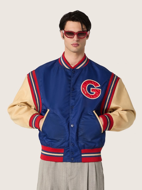 Golden Goose - Men's blue varsity bomber jacket with beige leather sleeves in 