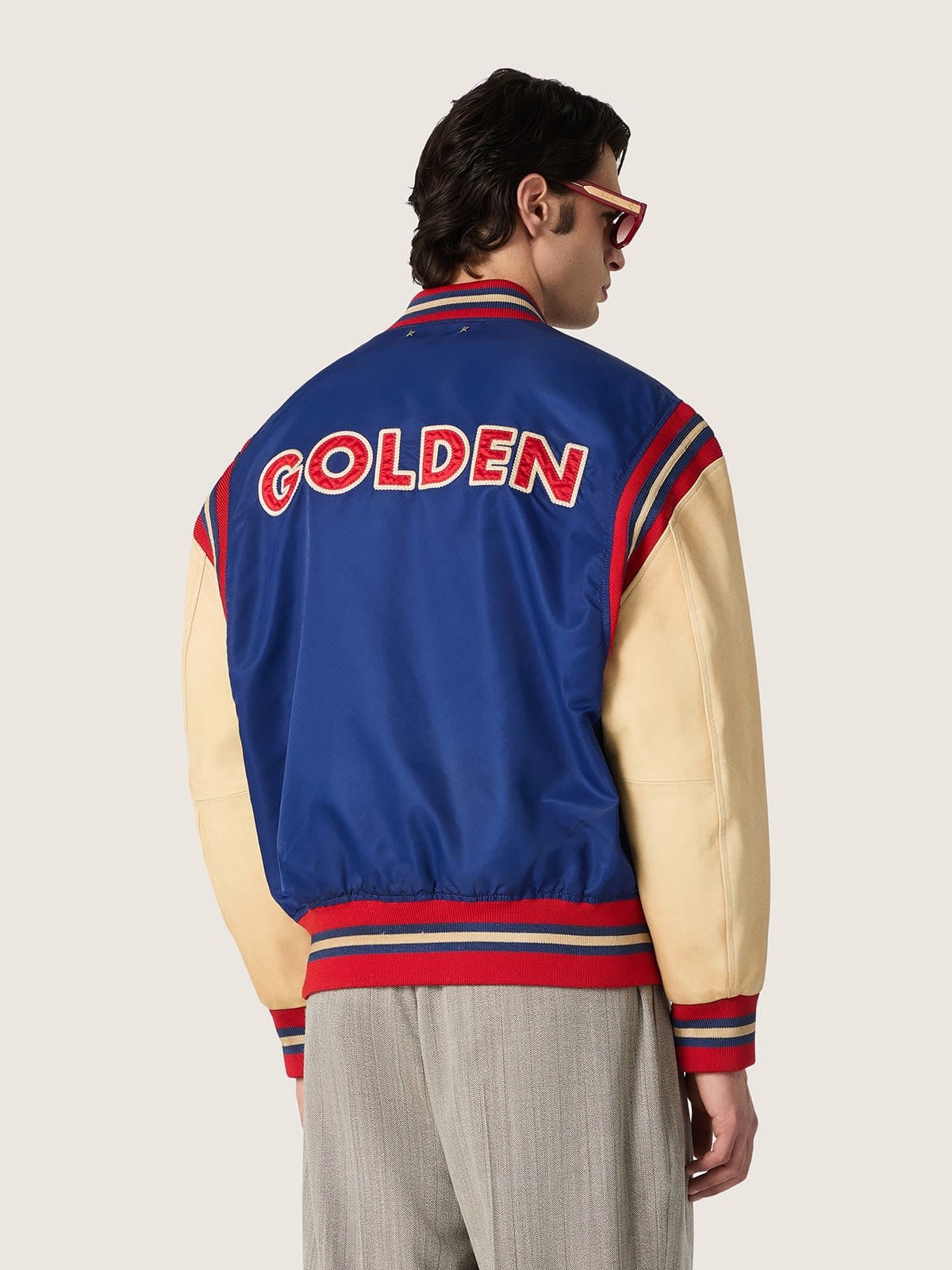 Golden Goose - Men's blue varsity bomber jacket with beige leather sleeves in 