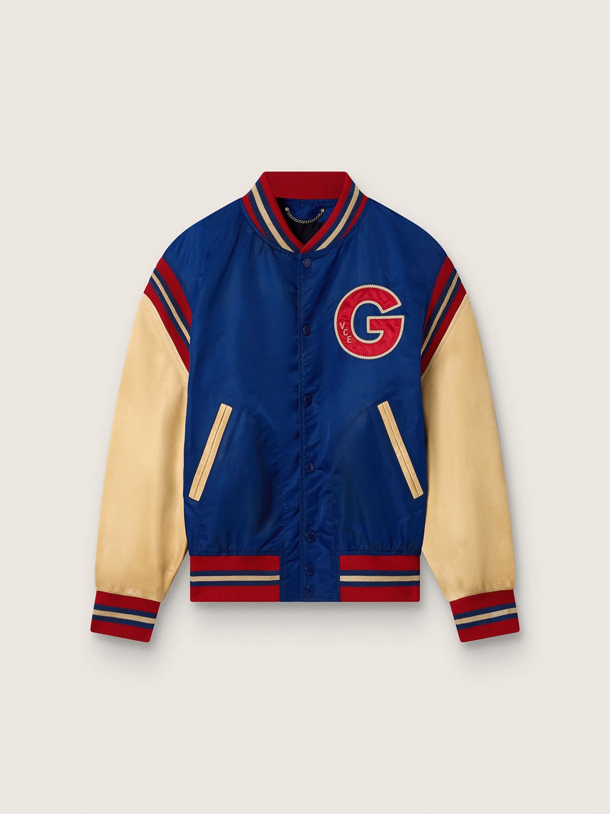 Bomber homme style universitaire bleu avec manches en cuir beige — Golden Goose