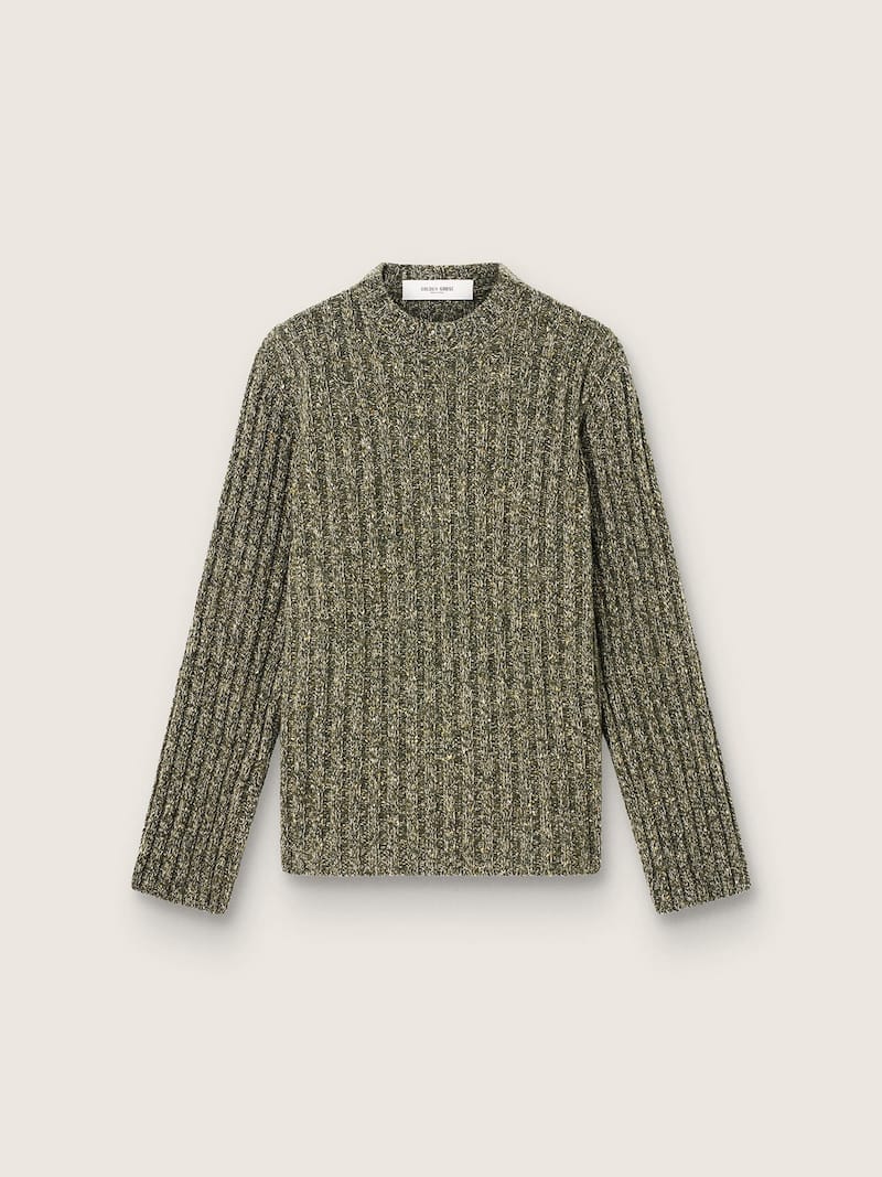 Maglione da uomo in lana moulin&eacute; a coste verde bosco
