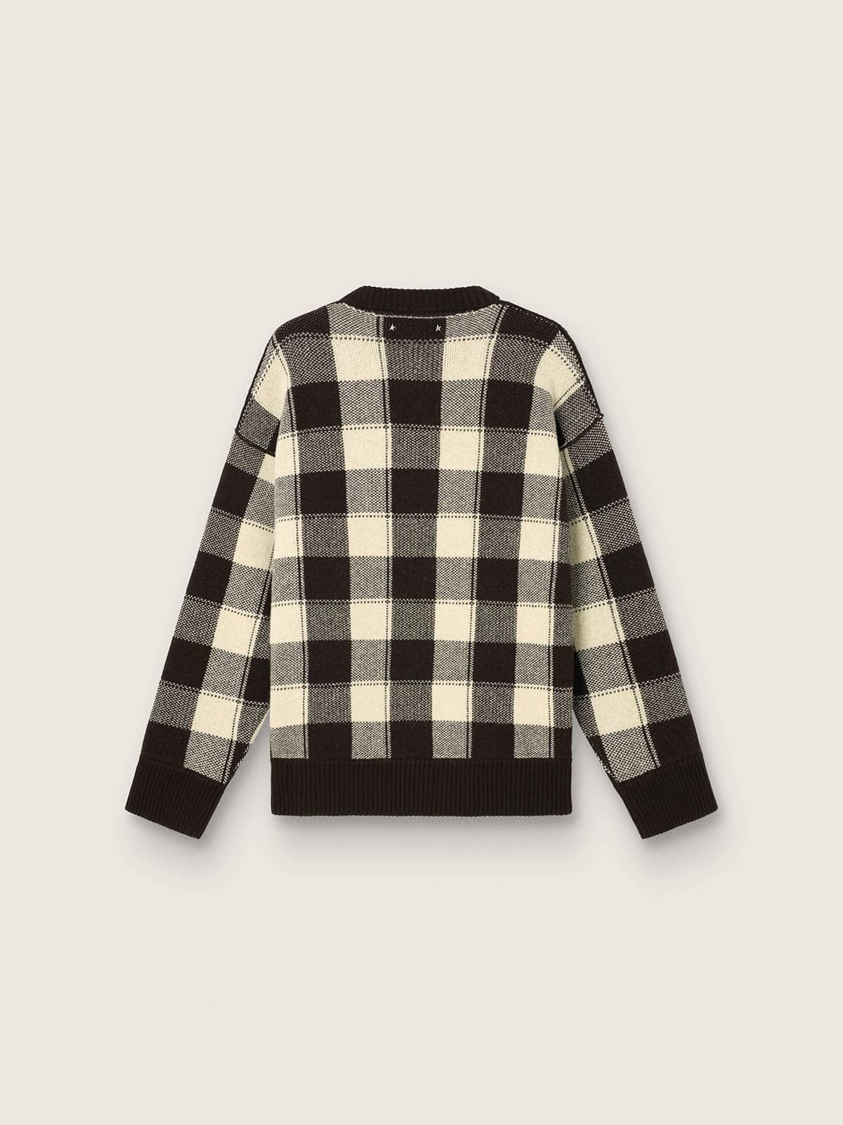 Maglione da uomo in lana jacquard a quadri marrone scuro e panna