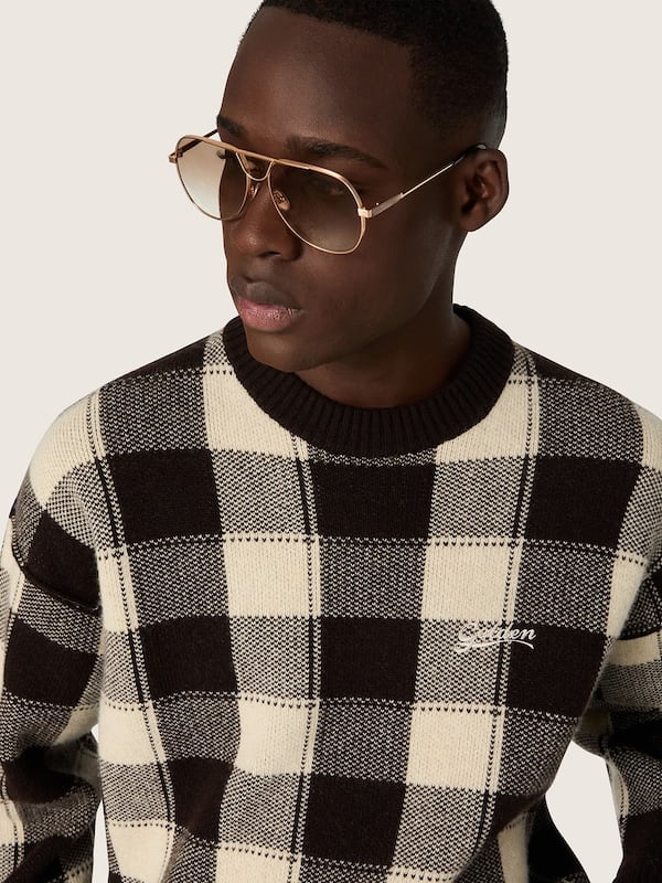 Golden Goose - Men's jacquard wool sweater in dark brown and cream check in 