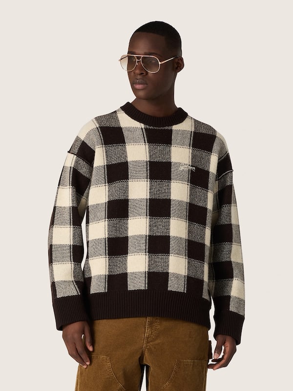 Golden Goose - Men's jacquard wool sweater in dark brown and cream check in 