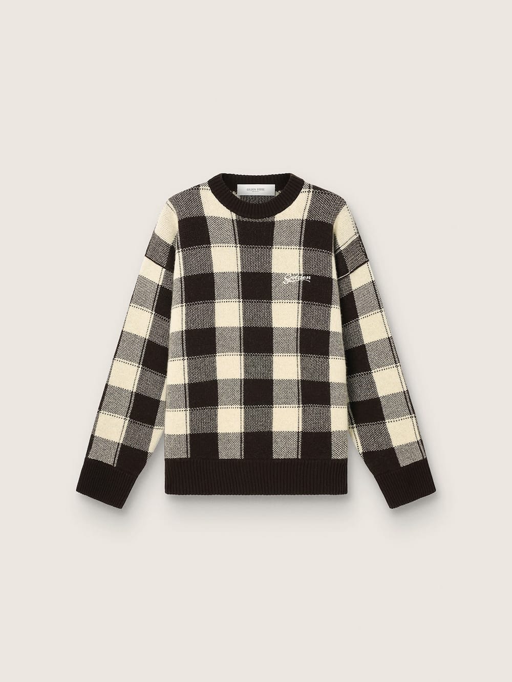 Pull homme en laine jacquard à carreaux marron foncé et crème — Golden Goose