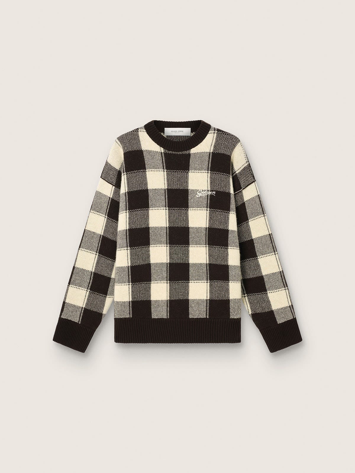 Golden Goose - Herrenpullover aus Wolljacquard mit Karos in Dunkelbraun und Sahnewei&szlig; in 