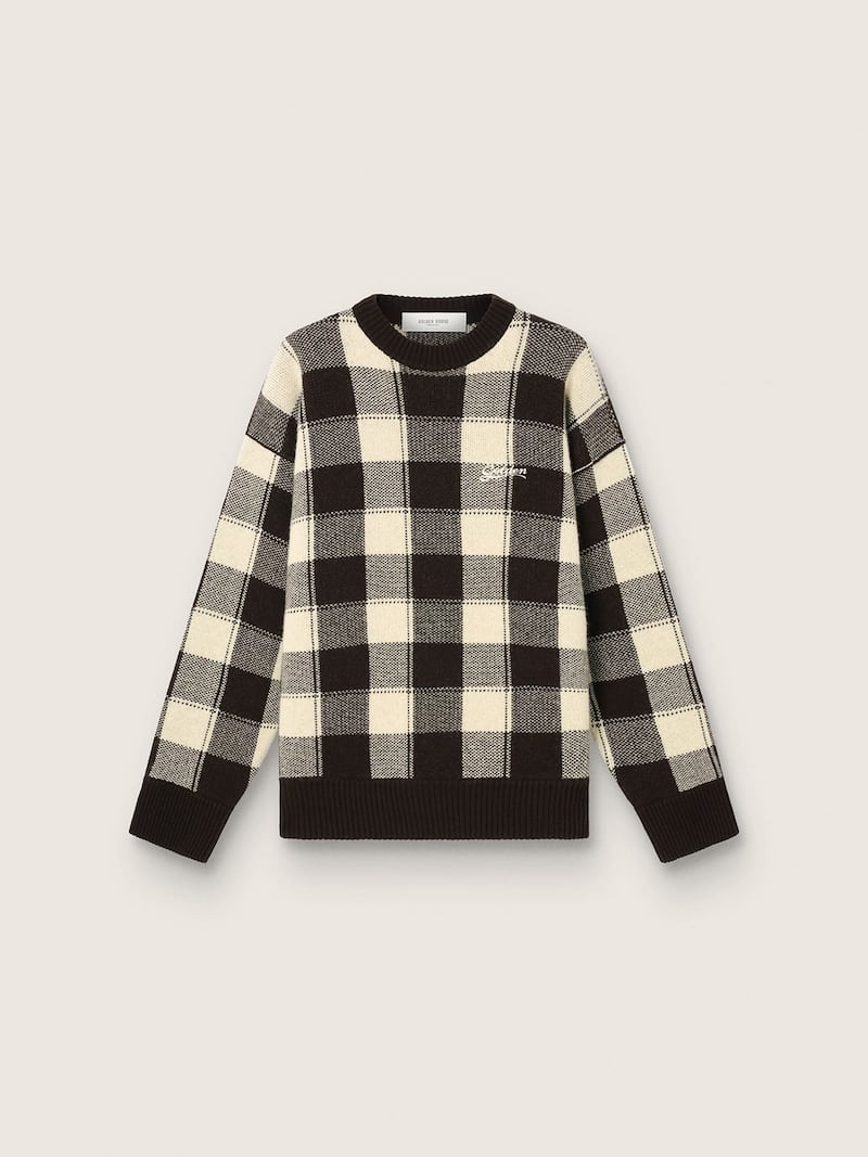 Maglione da uomo in lana jacquard a quadri marrone scuro e panna