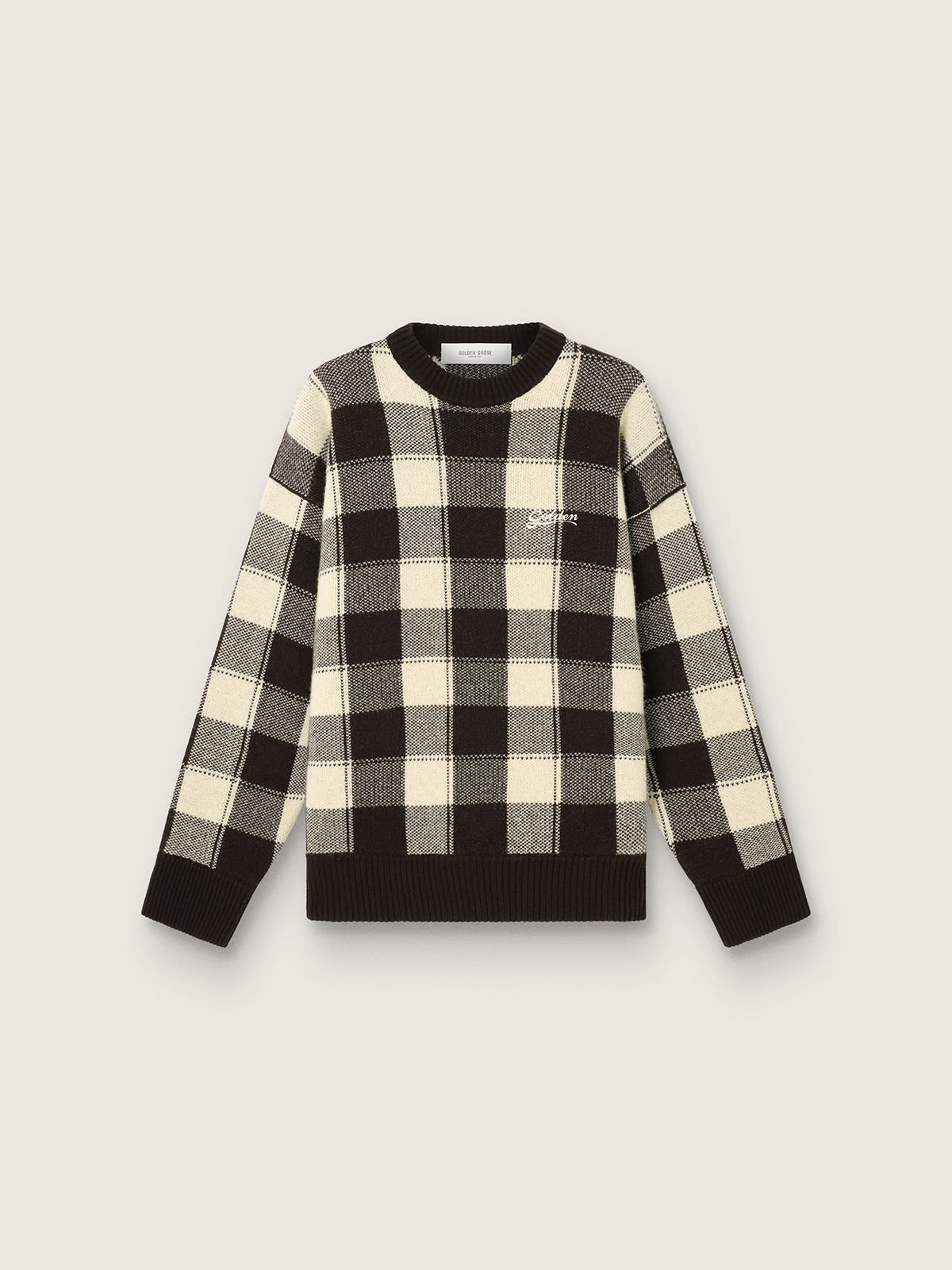 Pull homme en laine jacquard à carreaux marron foncé et crème — Golden Goose