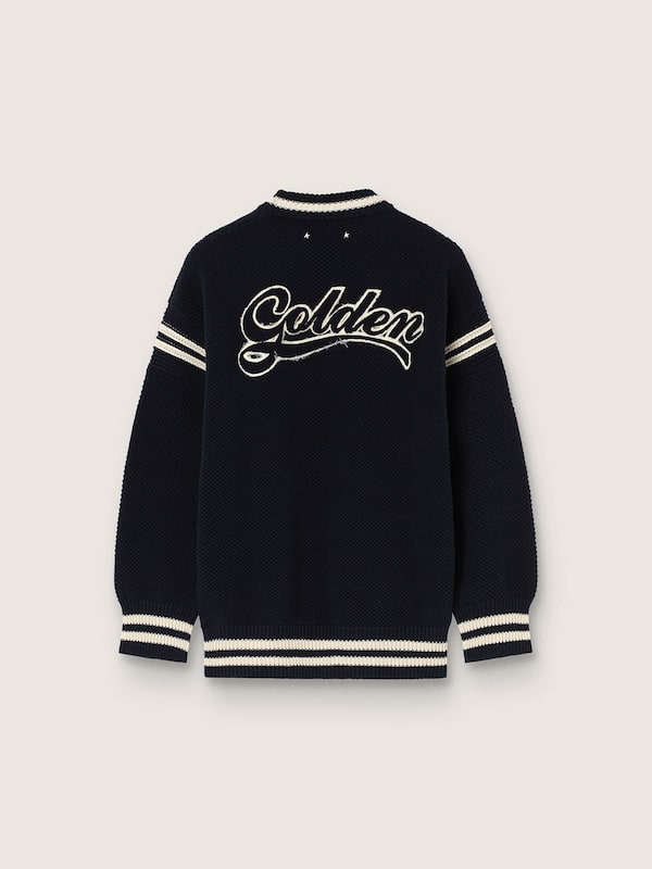 Men's boxy sweater in dark blue cotton with embroidery