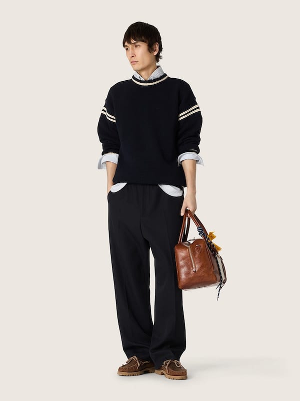 Men's boxy sweater in dark blue cotton with embroidery