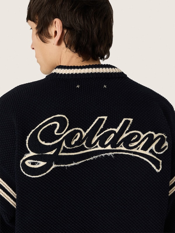 Golden Goose - Men's boxy sweater in dark blue cotton with embroidery in 
